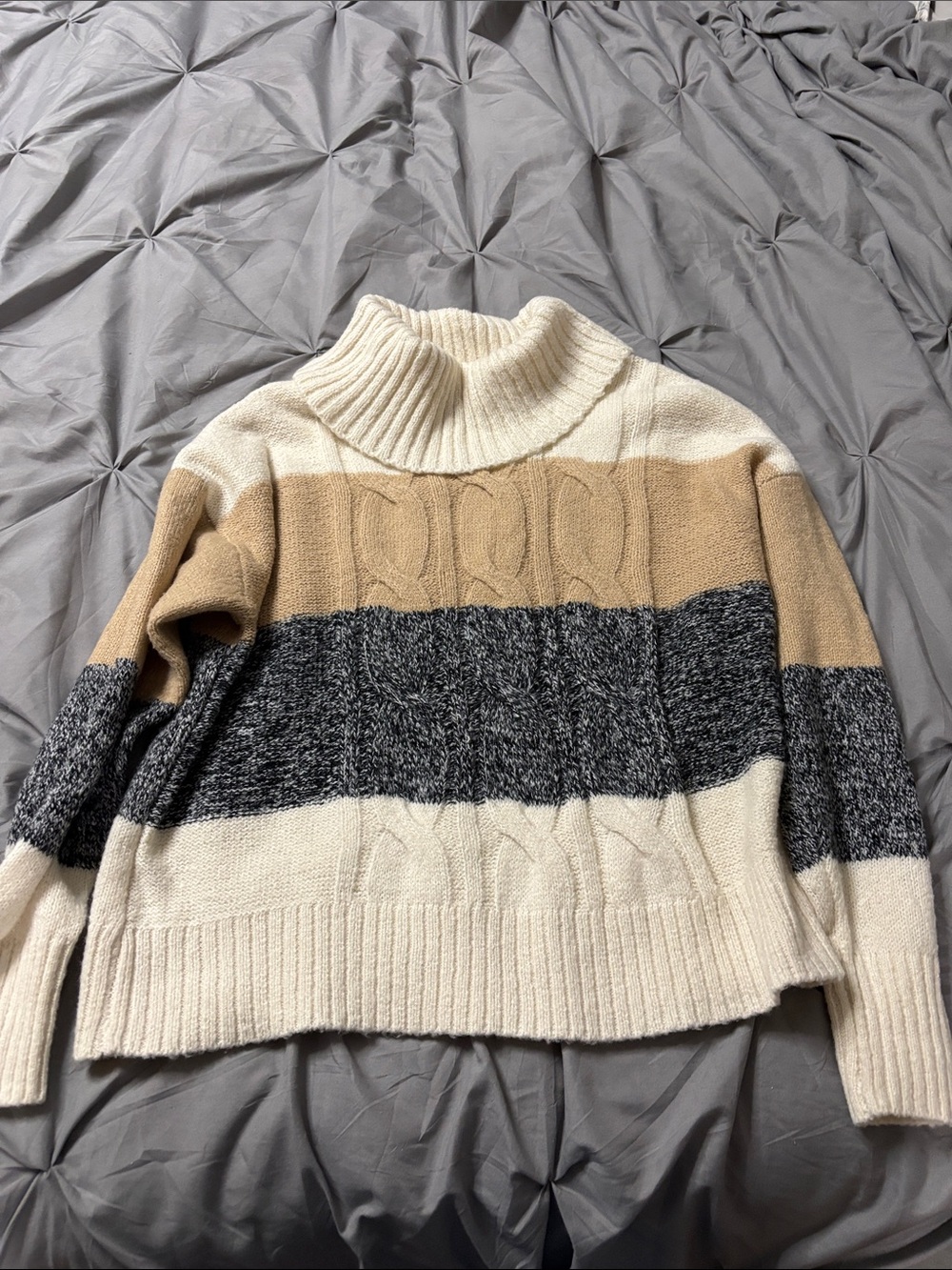 Lane Bryant Striped Cable-Knit Turtleneck Sweater - Cream, Tan & Charcoal